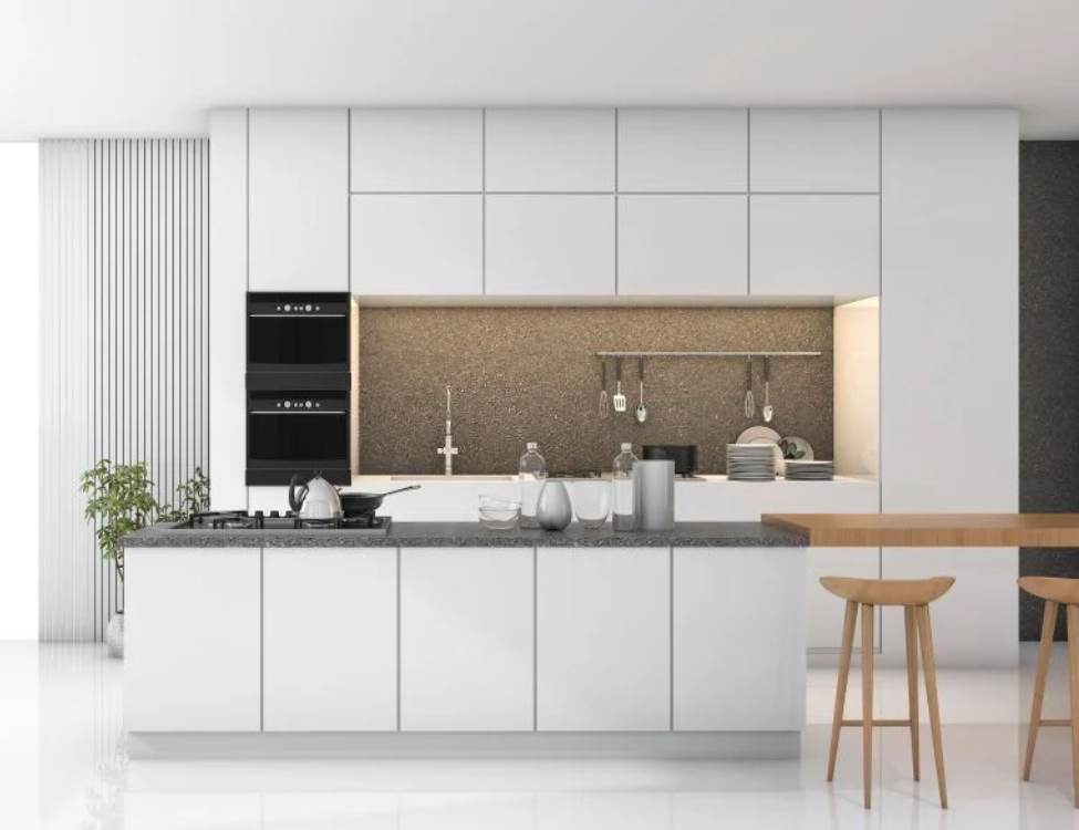 Mẫu tủ bếp nhựa PVC kết hợp đảo bếp đa năng