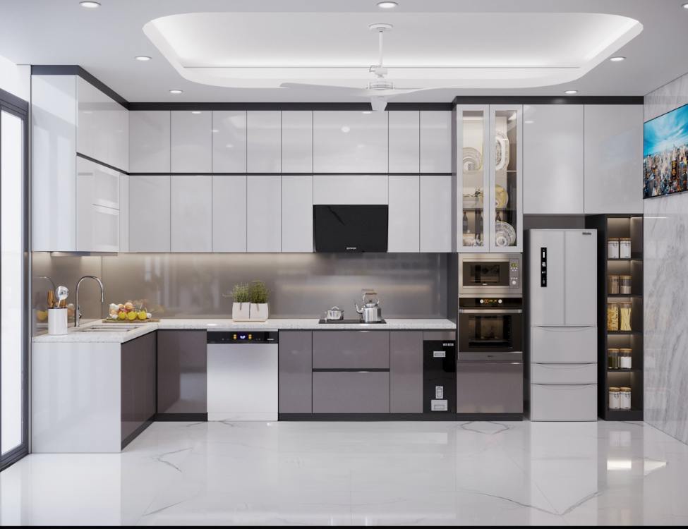 Thiết kế chữ L tích hợp bếp và bồn rửa