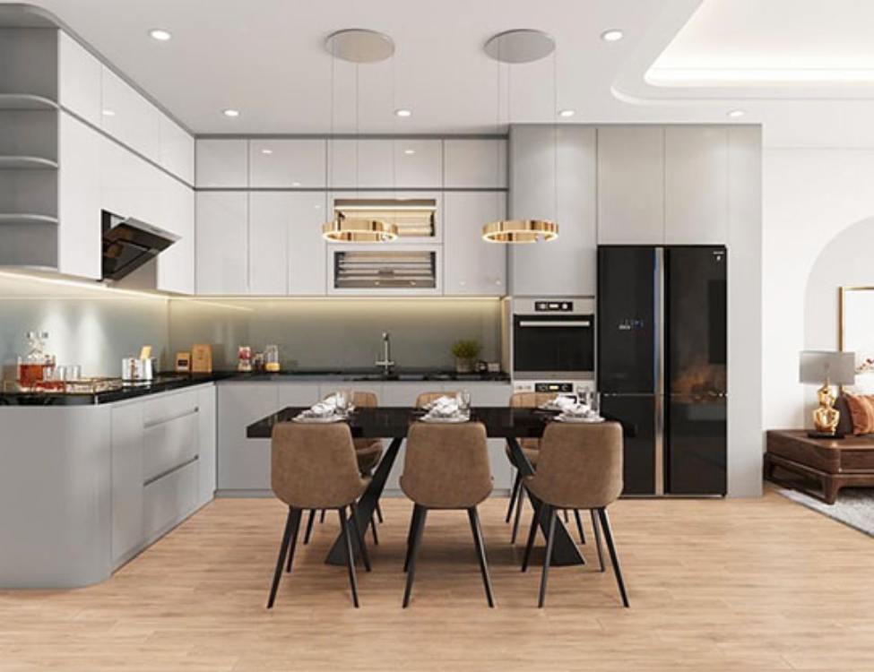 Thiết kế chữ L tích hợp bếp và bồn rửa