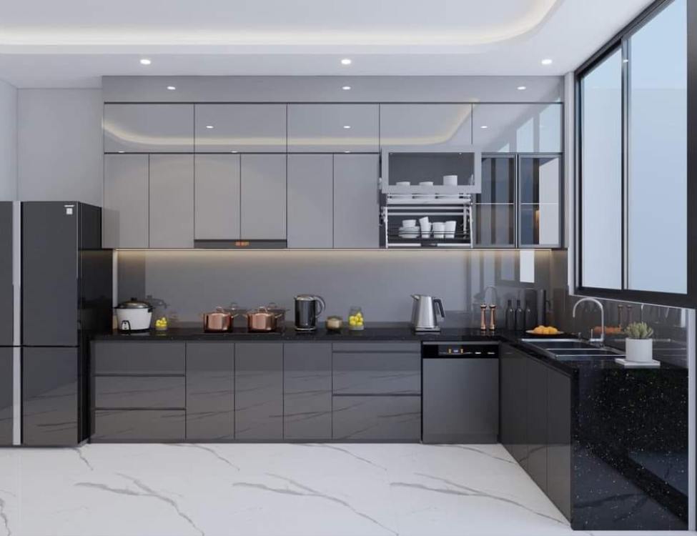 Thiết kế chữ L tích hợp bếp và bồn rửa
