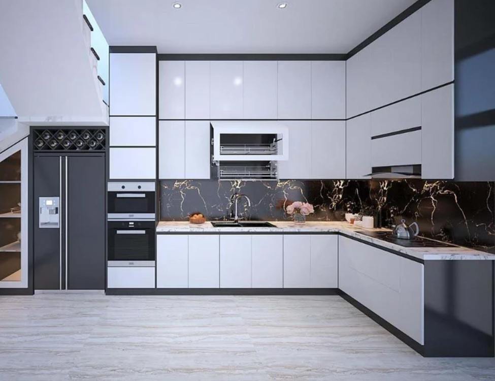 Tủ bếp nhựa Picomat kết hợp mặt đá trắng