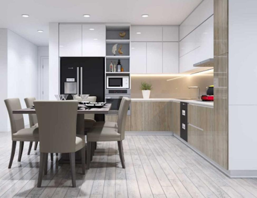 Tủ bếp nhựa Picomat kết hợp mặt đá trắng
