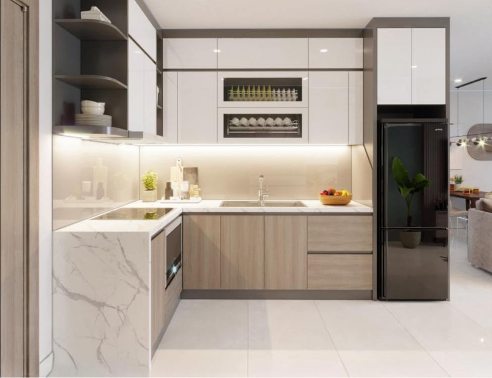 Tủ bếp nhựa Picomat kết hợp mặt đá trắng