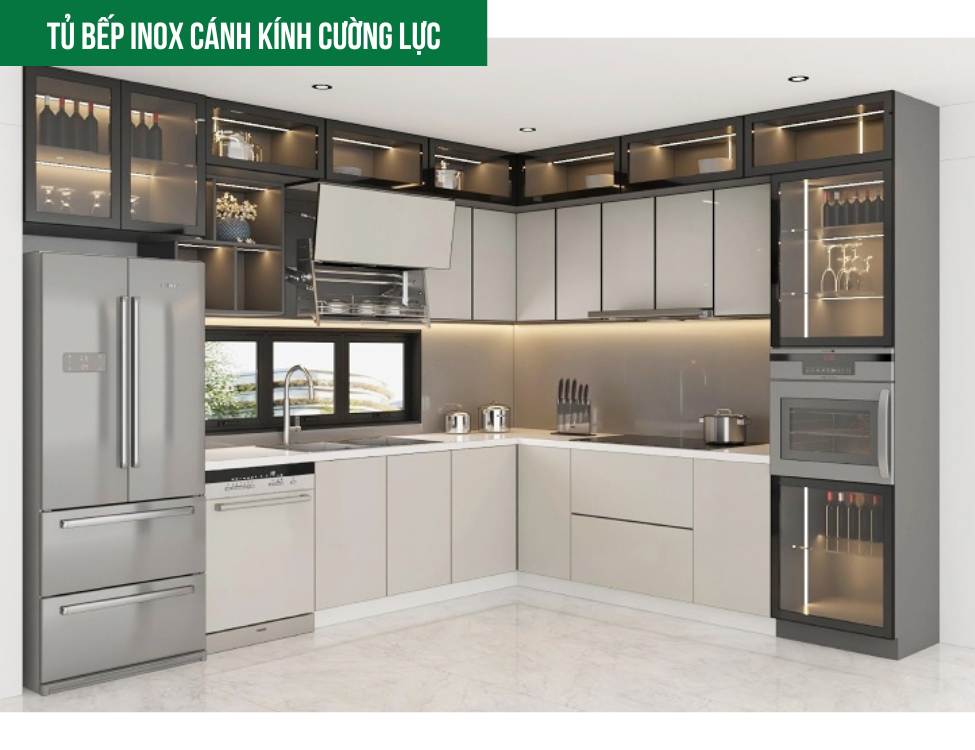 Tủ bếp inox 304 cánh kính cường lực