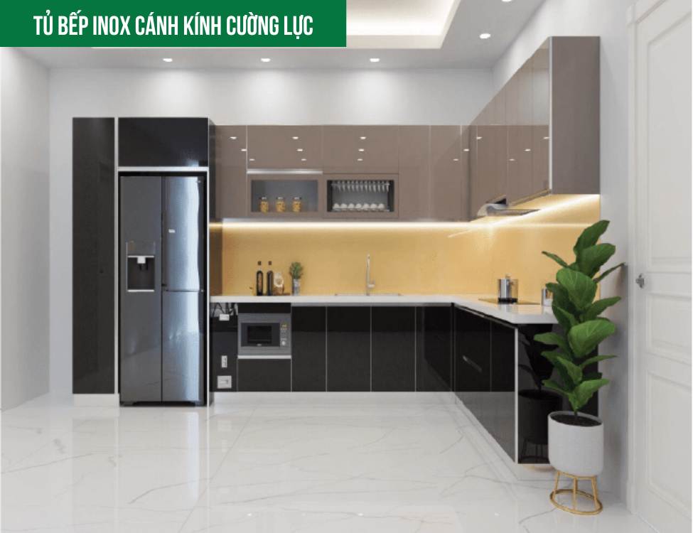 Tủ bếp inox 304 cánh kính cường lực