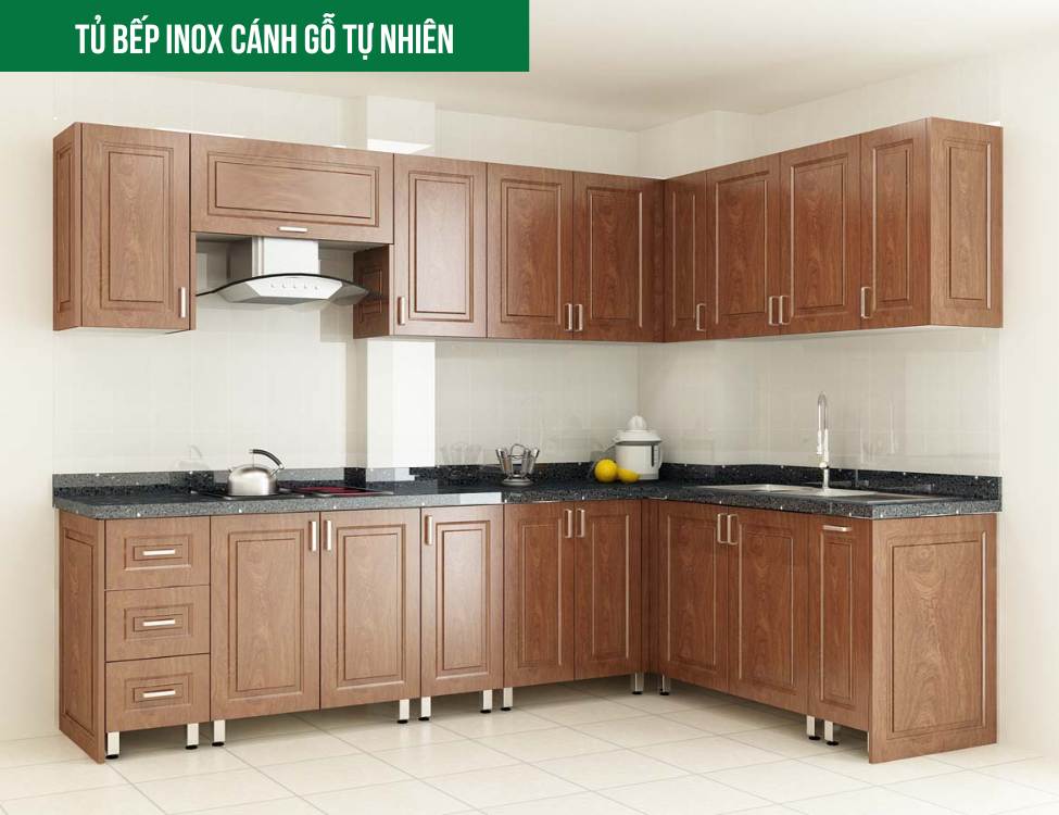 Tủ bếp inox 304 cánh gỗ tự nhiên