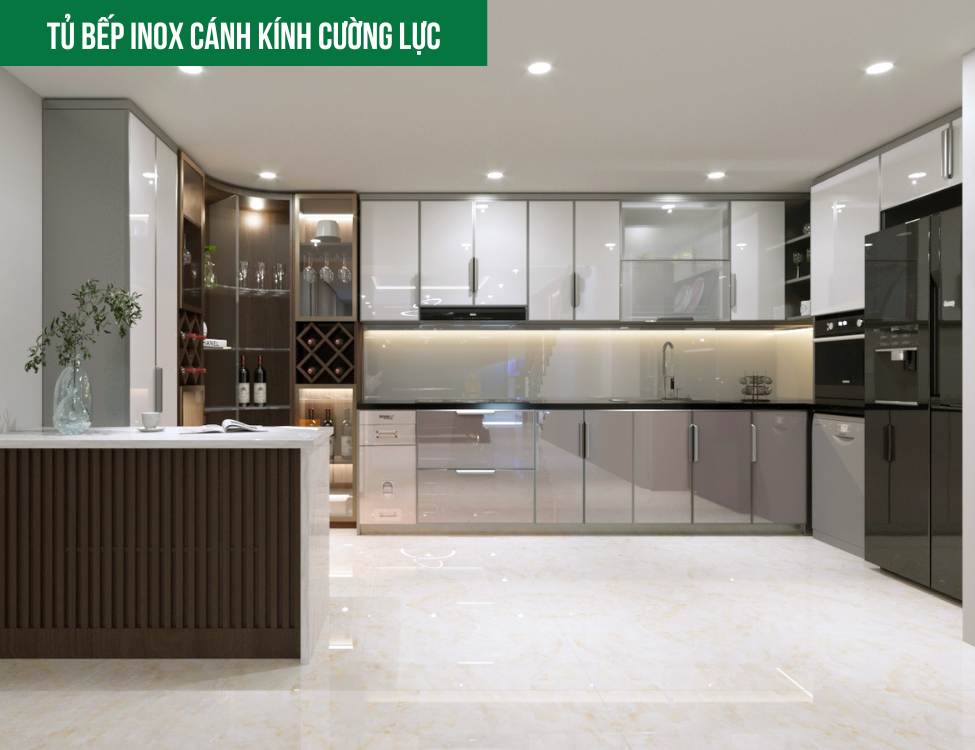 Tủ bếp inox 304 cánh kính cường lực