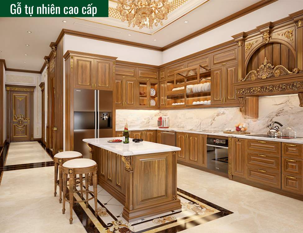Tủ bếp tân cổ điển gỗ tự nhiên