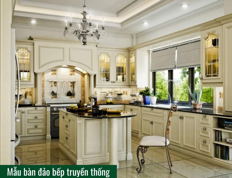 Mẫu bàn đảo bếp tách biệt phong cách truyền thống