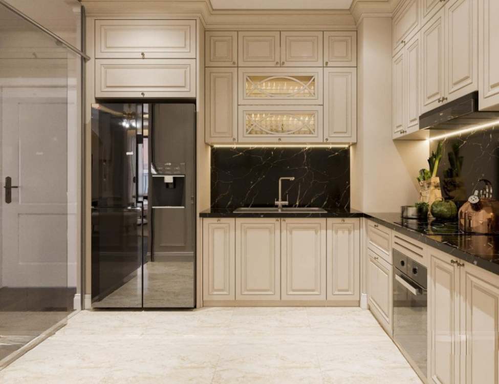 Chọn tủ bếp tân cổ điển phù hợp với thiết kế tủ bếp chữ L tân cổ điển