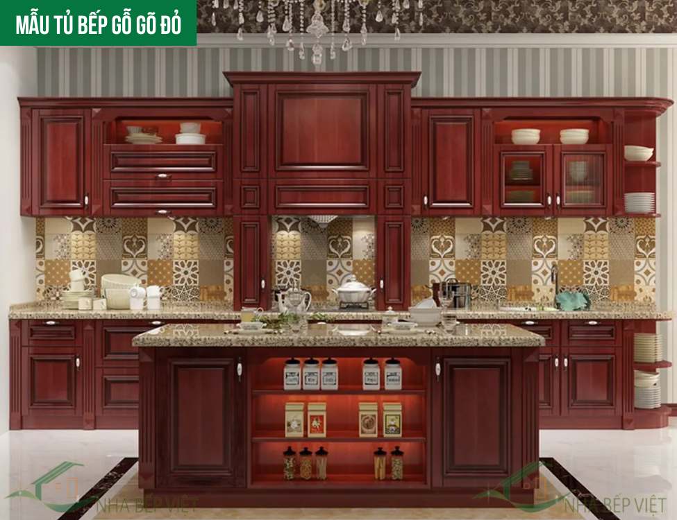 Mẫu tủ bếp gỗ gõ đỏ: đẳng cấp biệt thự