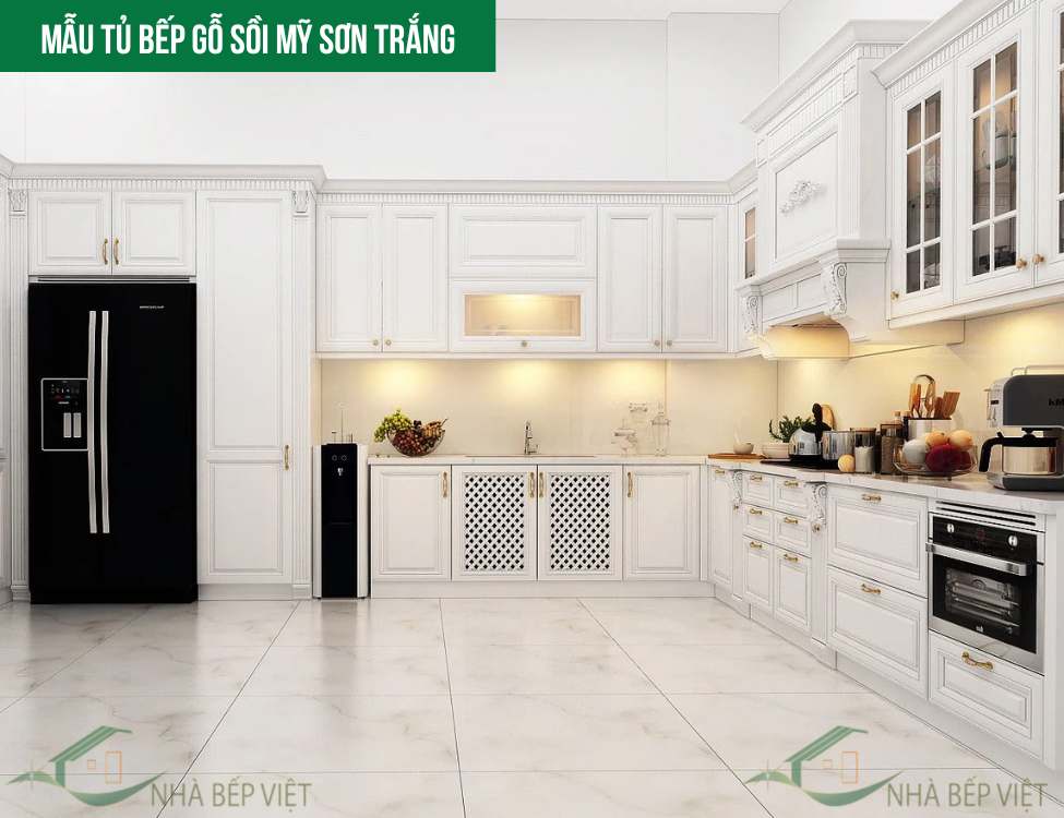 Mẫu tủ bếp gỗ sồi Mỹ sơn trắng