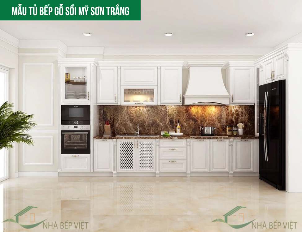 Mẫu tủ bếp gỗ sồi Mỹ sơn trắng