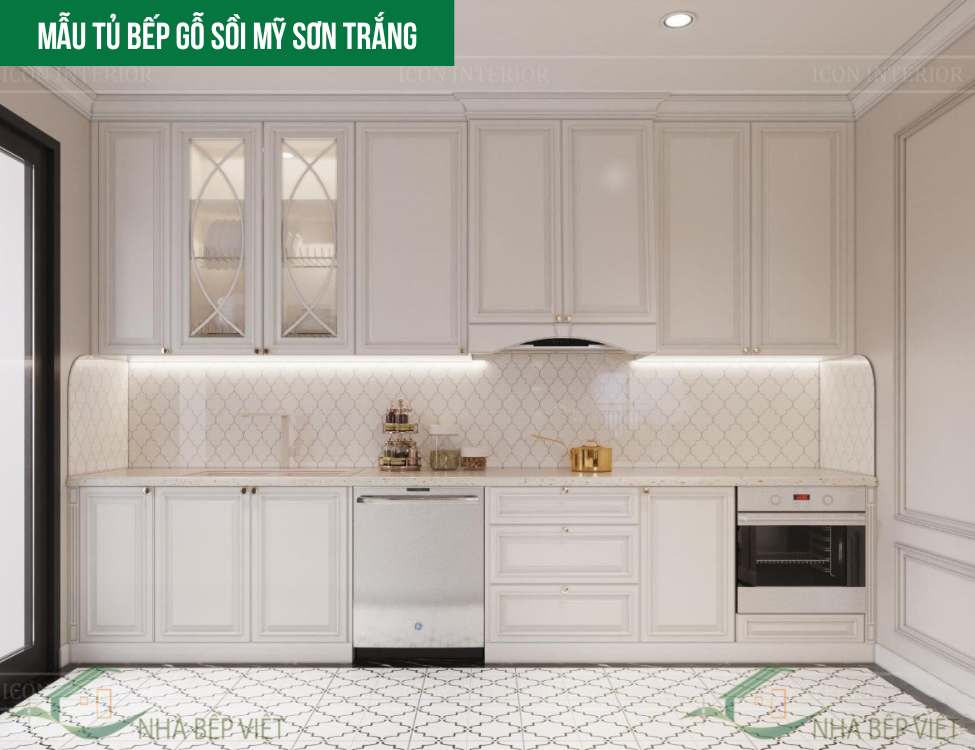 Mẫu tủ bếp gỗ sồi Mỹ sơn trắng