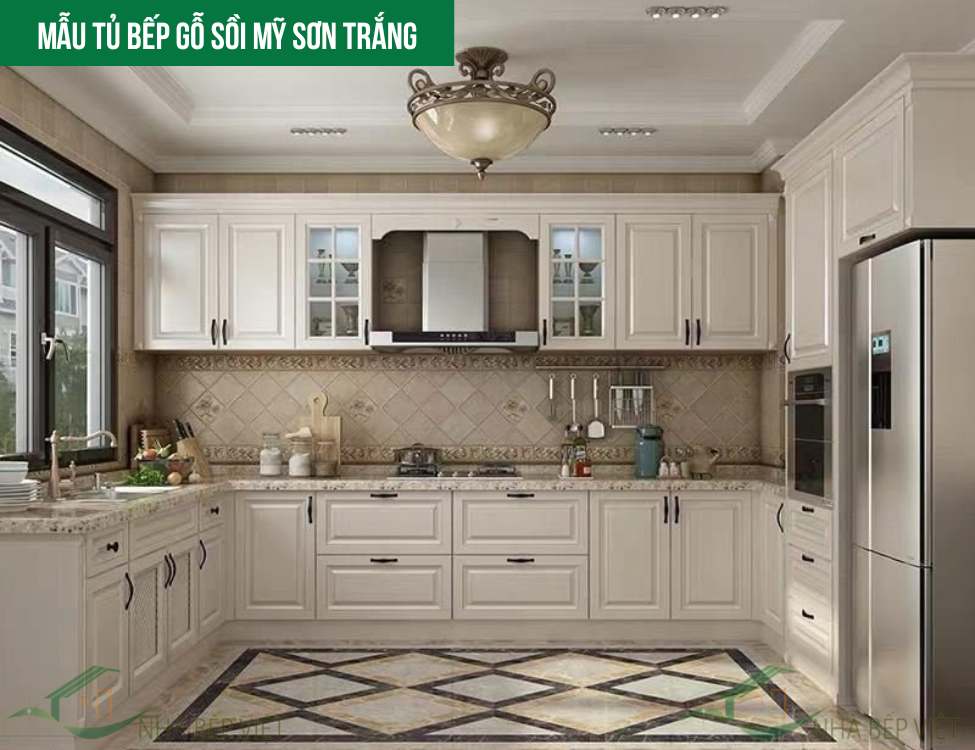 Mẫu tủ bếp gỗ sồi Mỹ sơn trắng