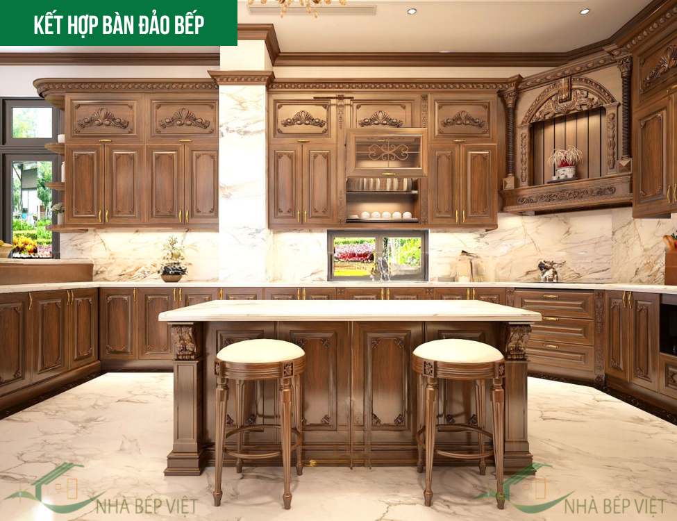 Mẫu tủ kết hợp bàn đảo bếp tân cổ điển: công năng vượt trội