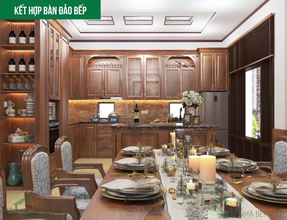 Mẫu tủ kết hợp bàn đảo bếp tân cổ điển: công năng vượt trội