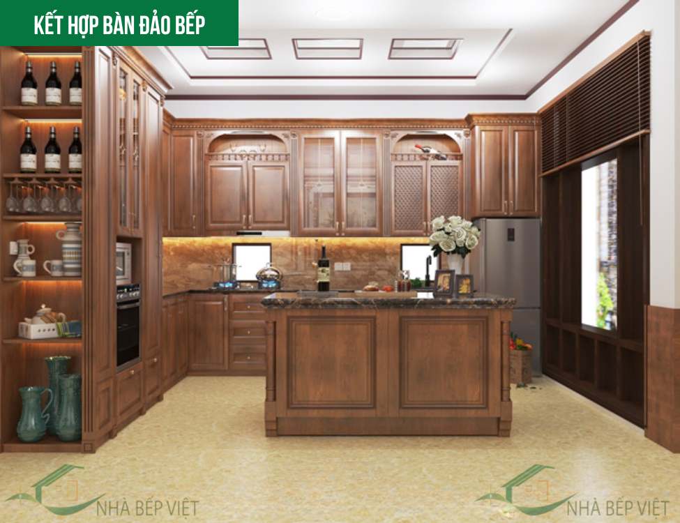 Mẫu tủ kết hợp bàn đảo bếp tân cổ điển: công năng vượt trội