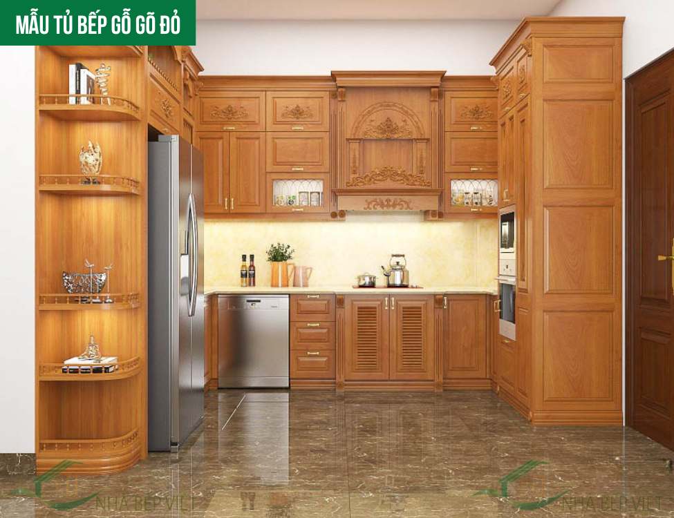 Mẫu tủ bếp gỗ gõ đỏ: đẳng cấp biệt thự