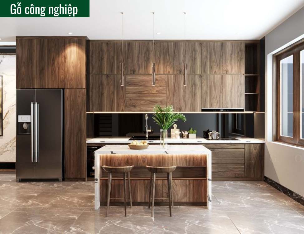 tủ bếp tân cổ điển màu nâu gỗ gỗ công nghiệp