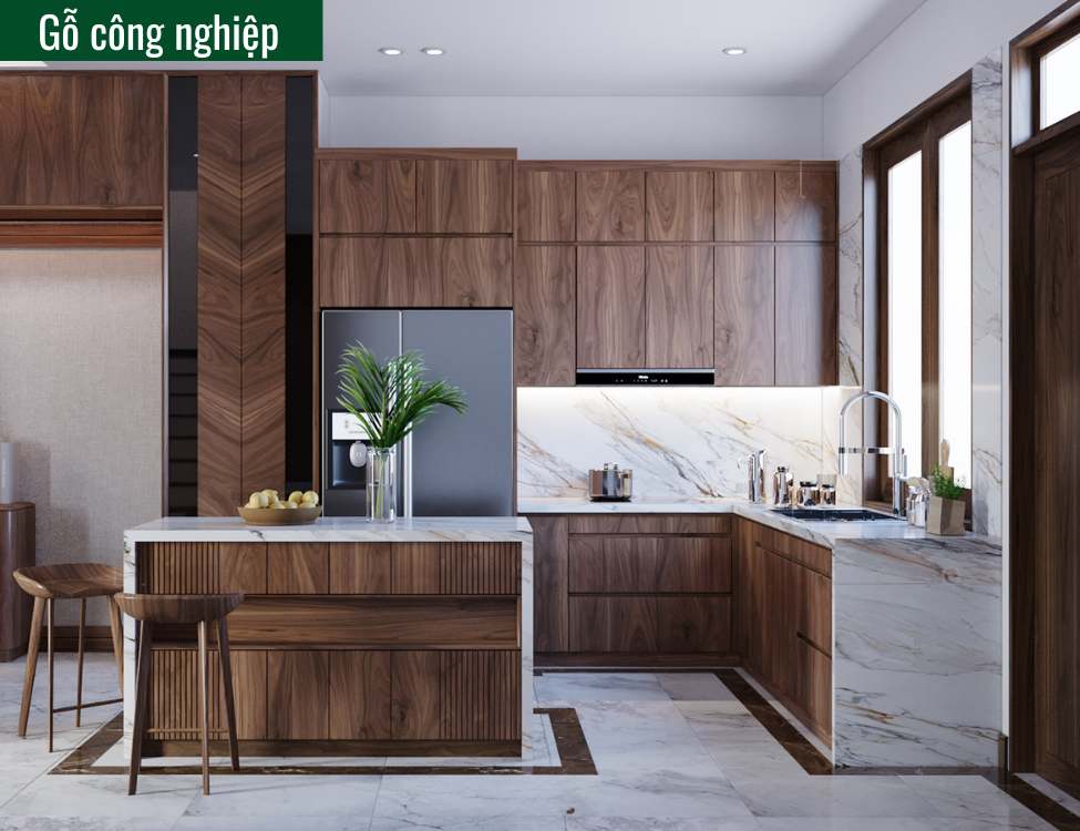tủ bếp tân cổ điển màu nâu gỗ gỗ công nghiệp