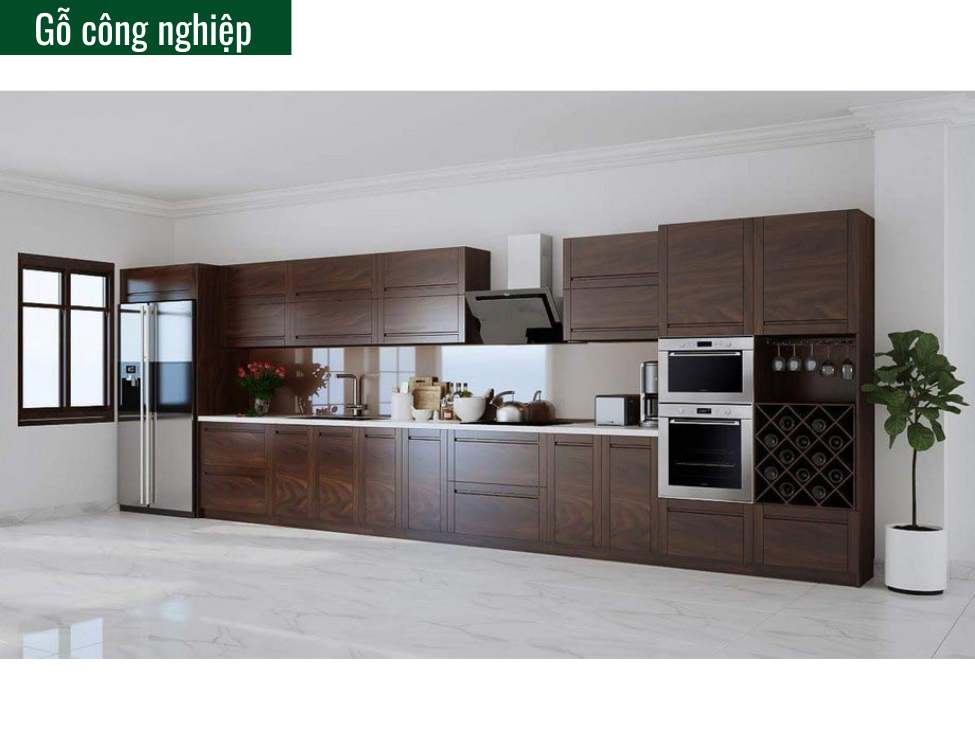 tủ bếp tân cổ điển màu nâu gỗ gỗ công nghiệp