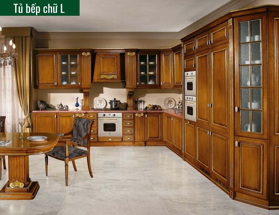 tủ bếp tân cổ điển màu nâu gỗ chữ L