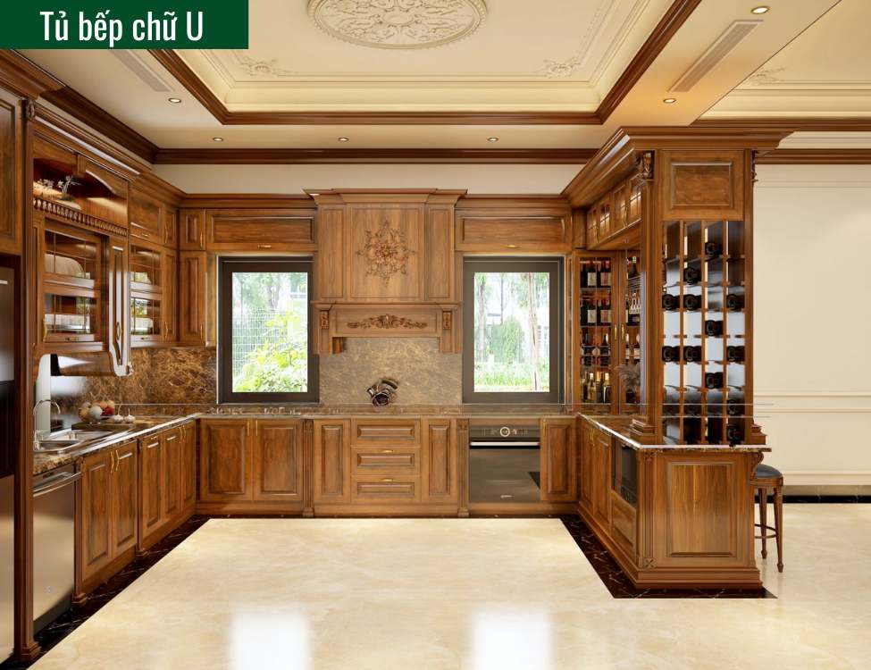 tủ bếp tân cổ điển màu nâu gỗ chữ U