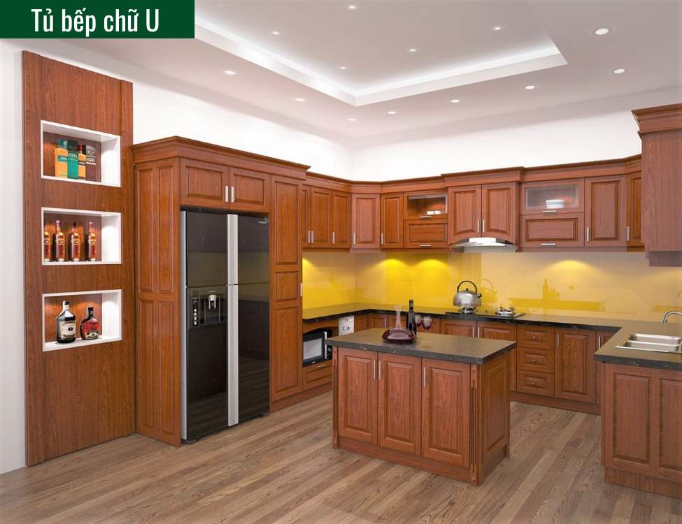 tủ bếp tân cổ điển màu nâu gỗ chữ U