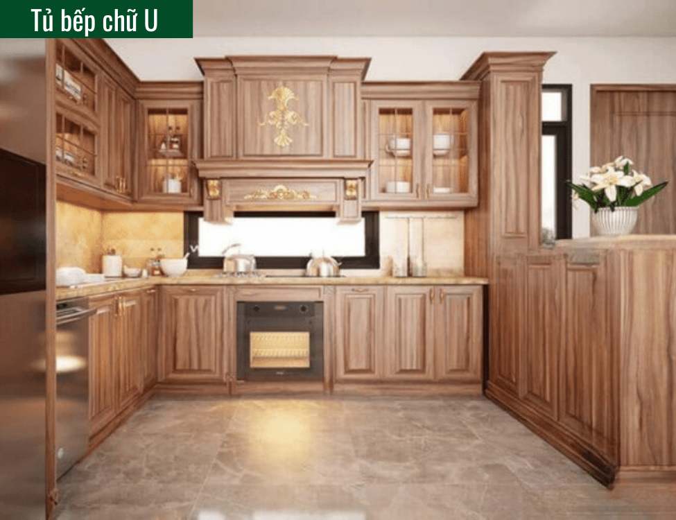 tủ bếp tân cổ điển màu nâu gỗ chữ U