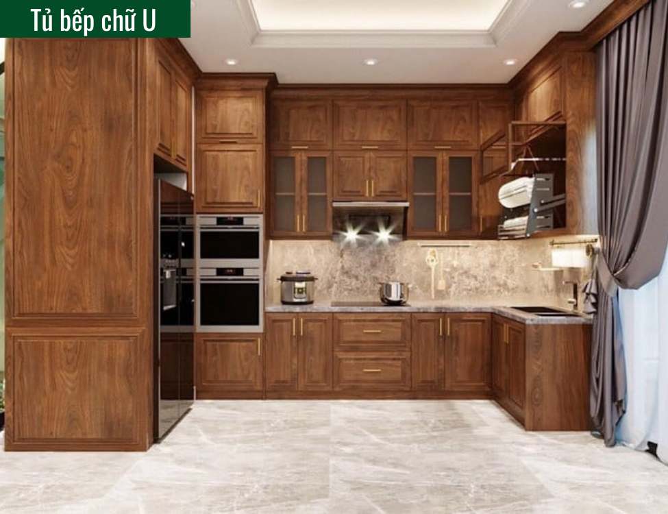 tủ bếp tân cổ điển màu nâu gỗ chữ U