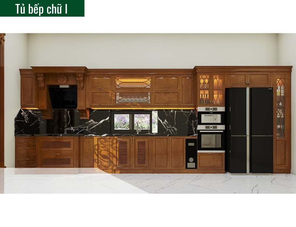 tủ bếp tân cổ điển màu nâu gỗ chữ I