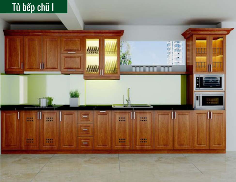 tủ bếp tân cổ điển màu nâu gỗ chữ I