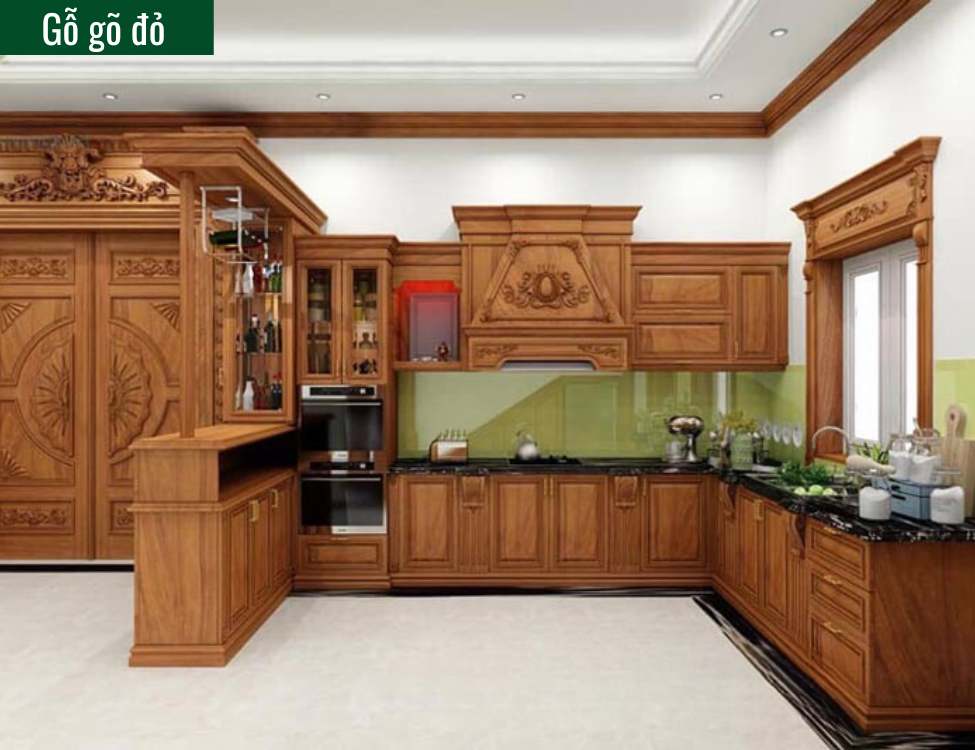 tủ bếp tân cổ điển màu nâu gỗ gõ đỏ