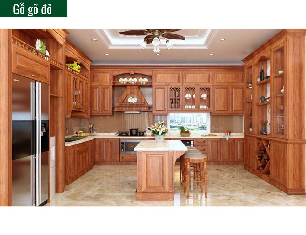 tủ bếp tân cổ điển màu nâu gỗ gõ đỏ