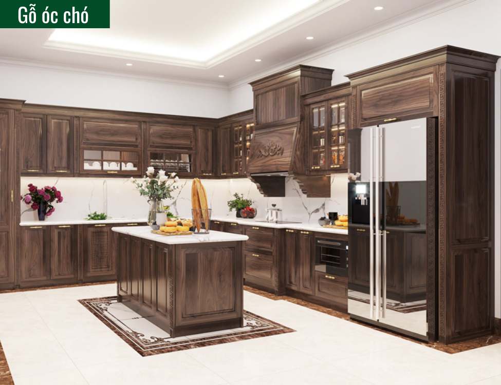 tủ bếp tân cổ điển màu nâu gỗ gỗ óc chó