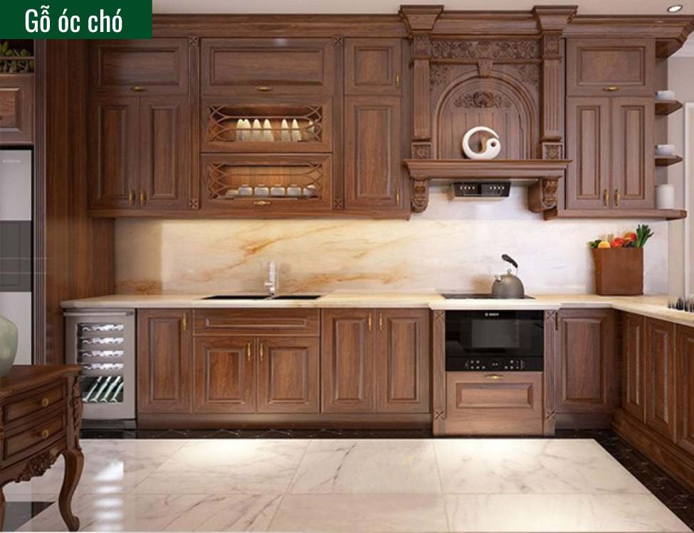 tủ bếp tân cổ điển màu nâu gỗ gỗ óc chó