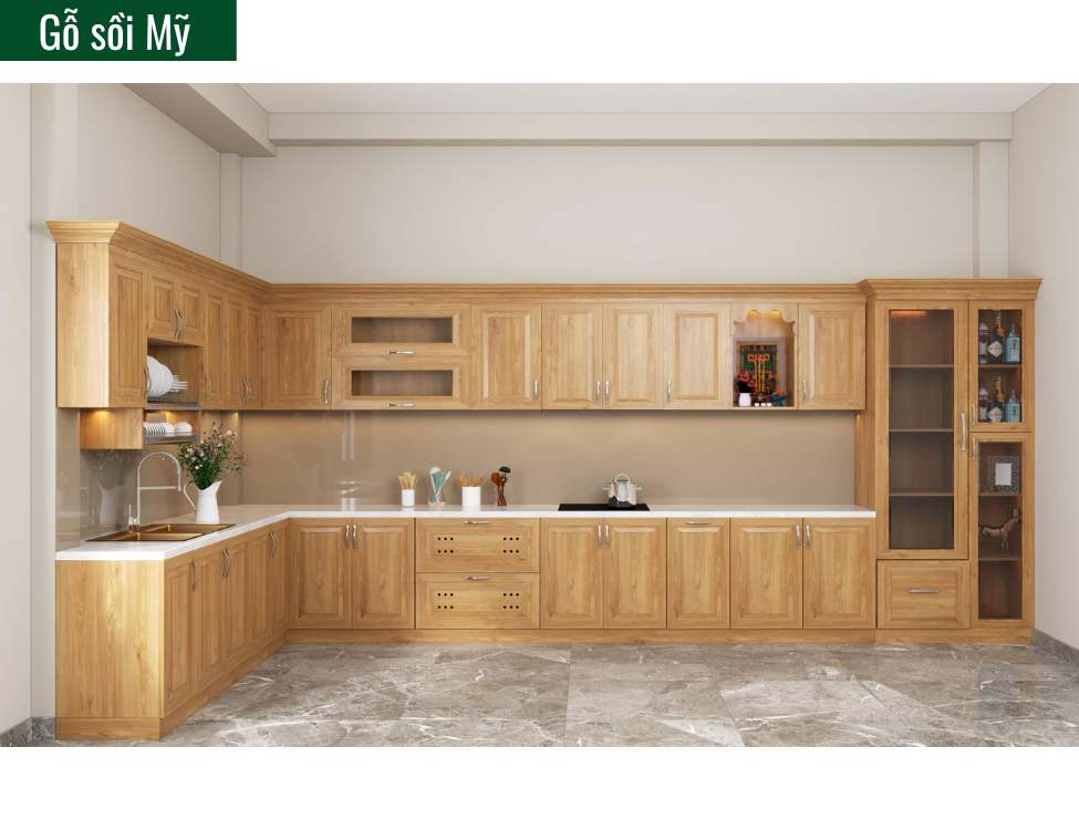 tủ bếp tân cổ điển màu nâu gỗ gỗ sồi Mỹ