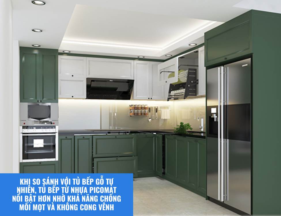 So sánh tủ bếp nhựa Picomat, cánh phủ Lacquered Laminate với các loại tủ bếp khác