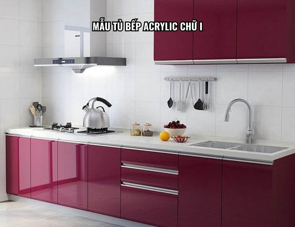 Mẫu tủ bếp Acrylic chữ I hiện đại