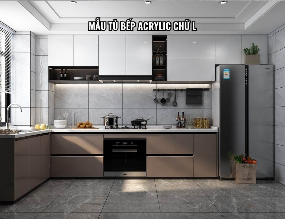 Mẫu tủ bếp Acrylic chữ L tiện nghi