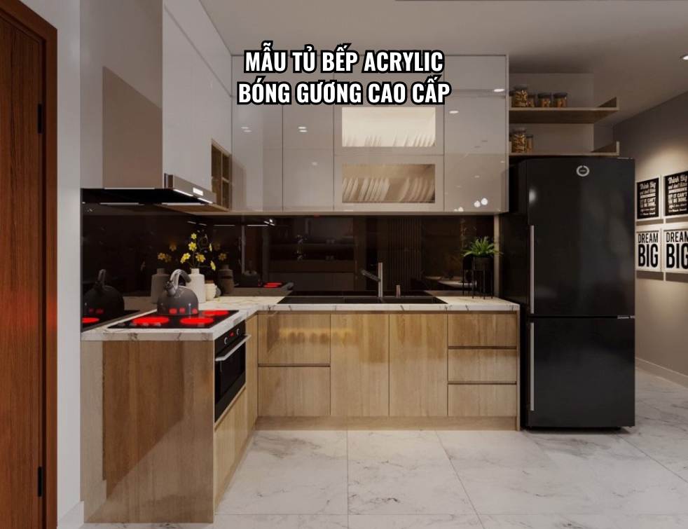 Mẫu tủ bếp Acrylic bóng gương cao cấp