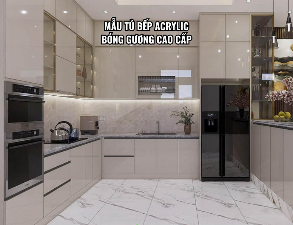 Mẫu tủ bếp Acrylic bóng gương cao cấp