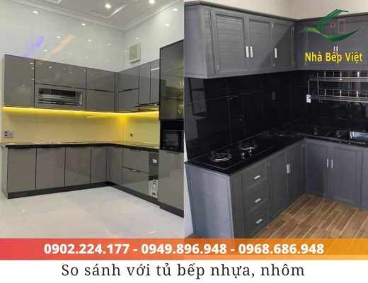 tủ bếp inox cánh gỗ acrylic