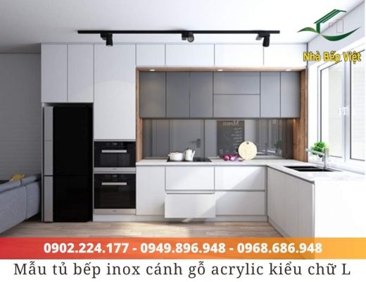 tủ bếp inox cánh gỗ acrylic