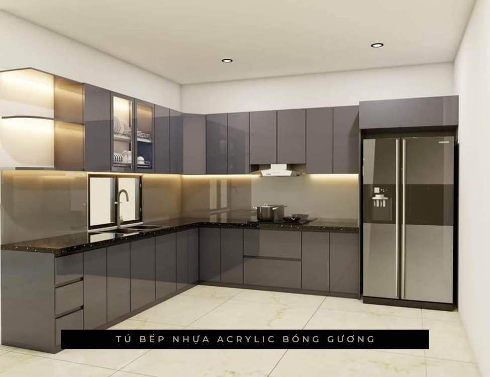 Tủ bếp nhựa Acrylic bóng gương hiện đại