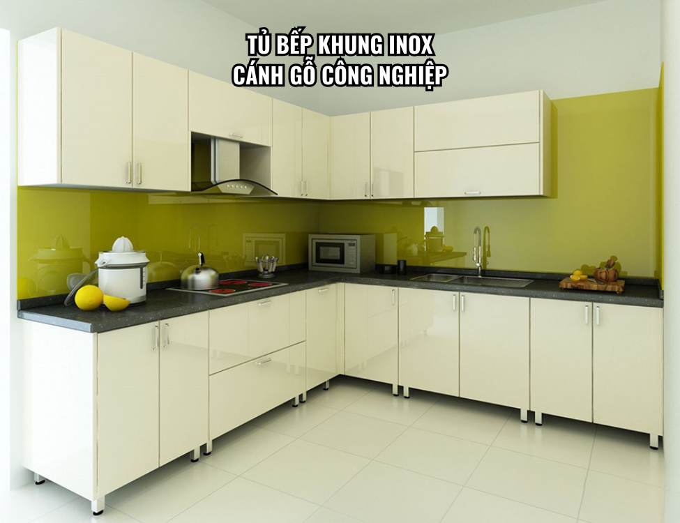 Tủ bếp khung inox cánh gỗ công nghiệp