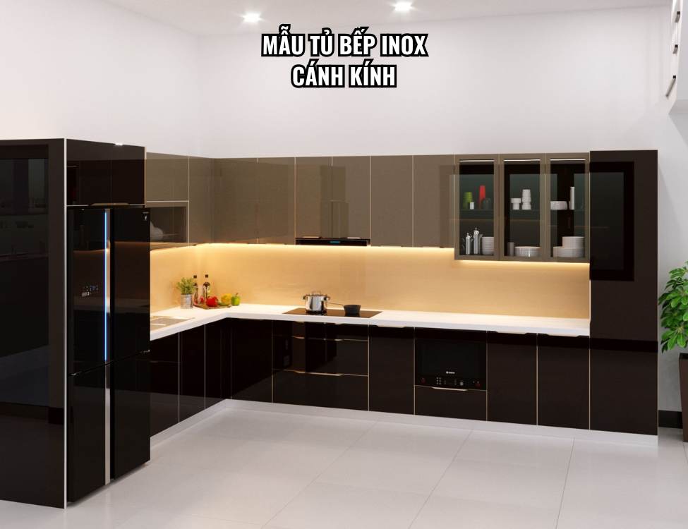 Mẫu tủ bếp inox cánh kính