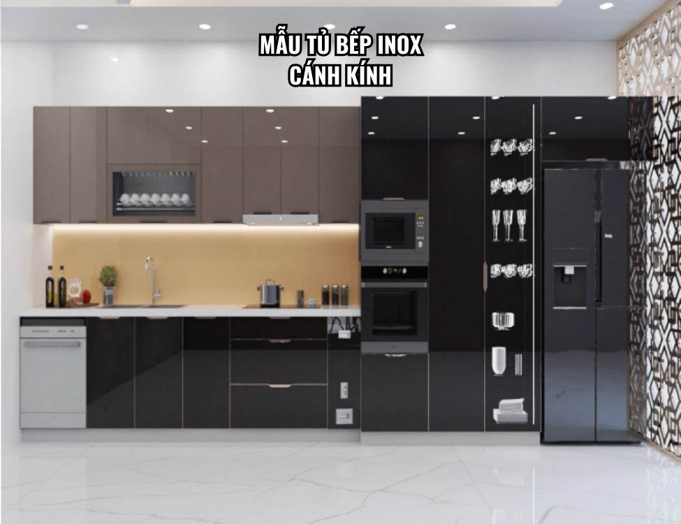 Mẫu tủ bếp inox cánh kính