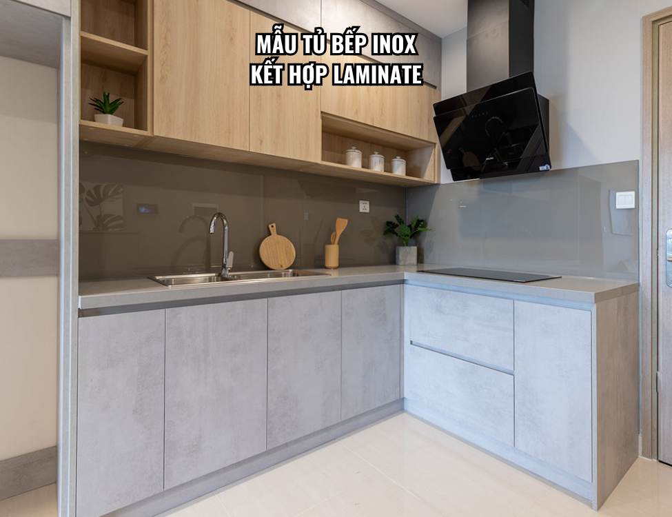 Mẫu tủ bếp inox kết hợp Laminate và Acrylic